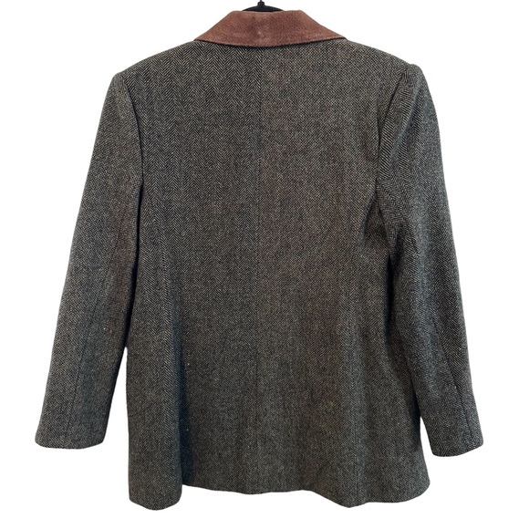 90's vintage Wool Blazer Tweed Brown Leather Trim Riding Jacket Women’s M/L - Picture 2 of 12